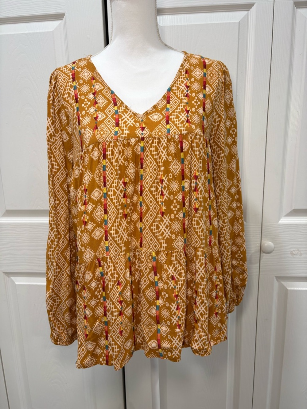 Savanna Jane Mustard Geo-Print V-Neck Tunic with Multicolor Embroidery